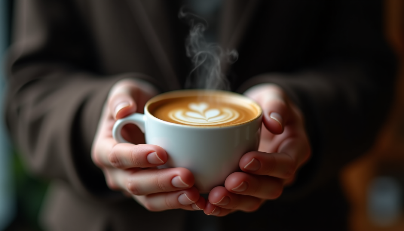 Hands cradling a warm white espresso cup, steam curling softly upward against a 