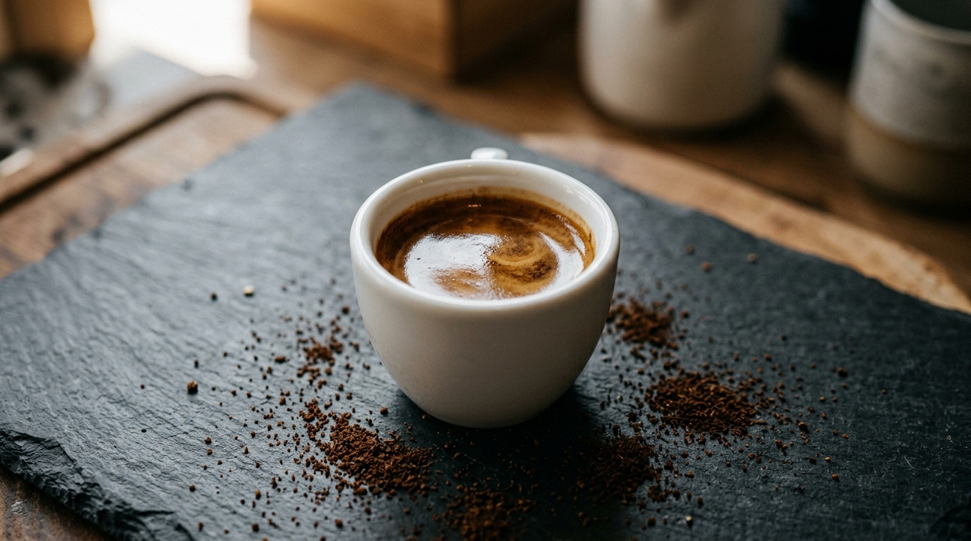 A small white ceramic espresso cup sits centered on a dark slate surface, the fi
