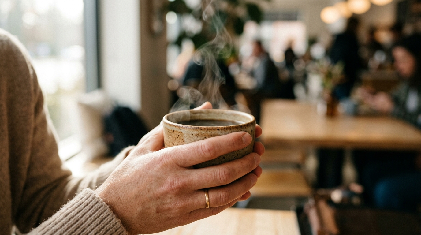 A pair of hands cradles a warm ceramic cup against a blurred café background, th