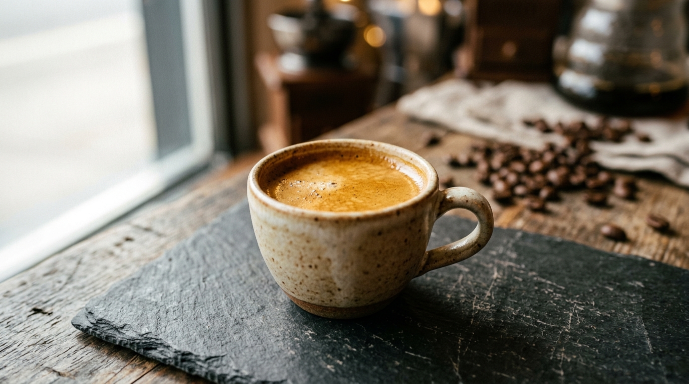 A single ceramic espresso cup resting on a dark slate surface, its rich crema ca