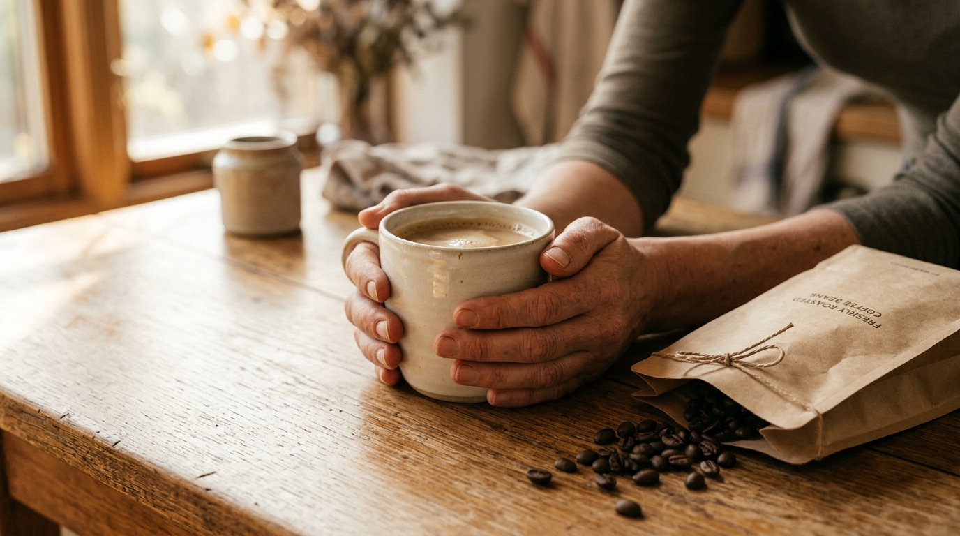 Two hands cradling a warm white mug at a sunlit kitchen table, a half-open coffe