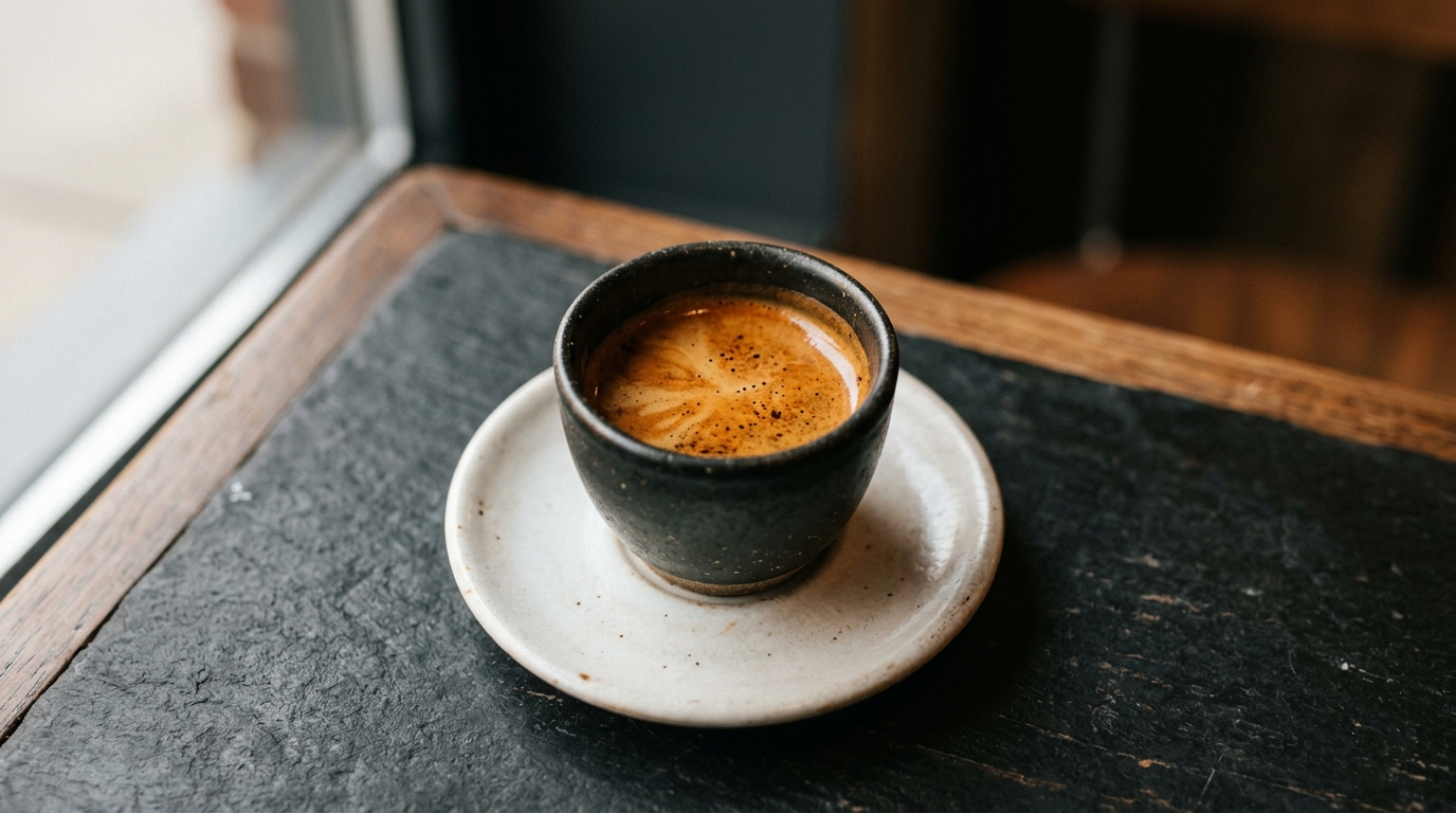 A single ceramic cup of espresso resting on a white saucer against a dark matte 