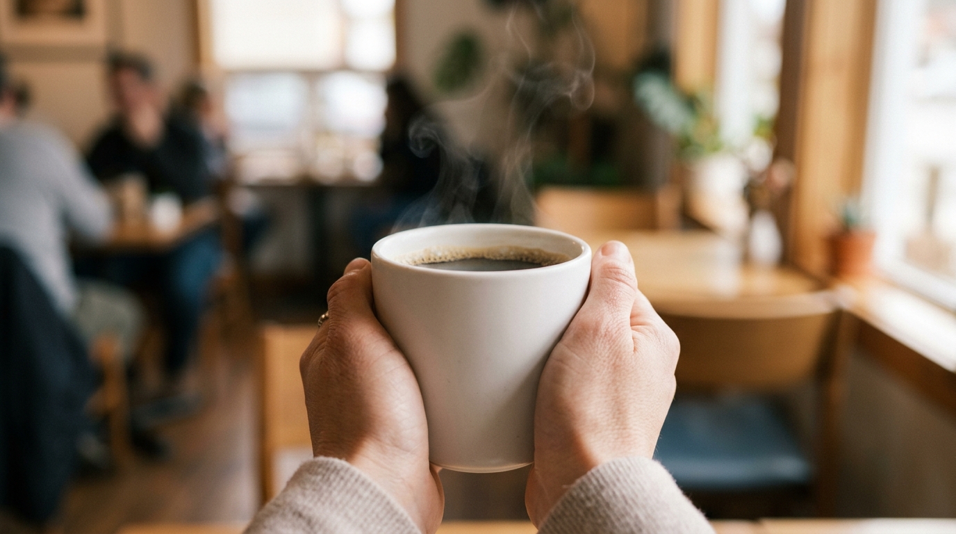 A pair of cupped hands cradling a minimalist white porcelain mug, wisps of steam
